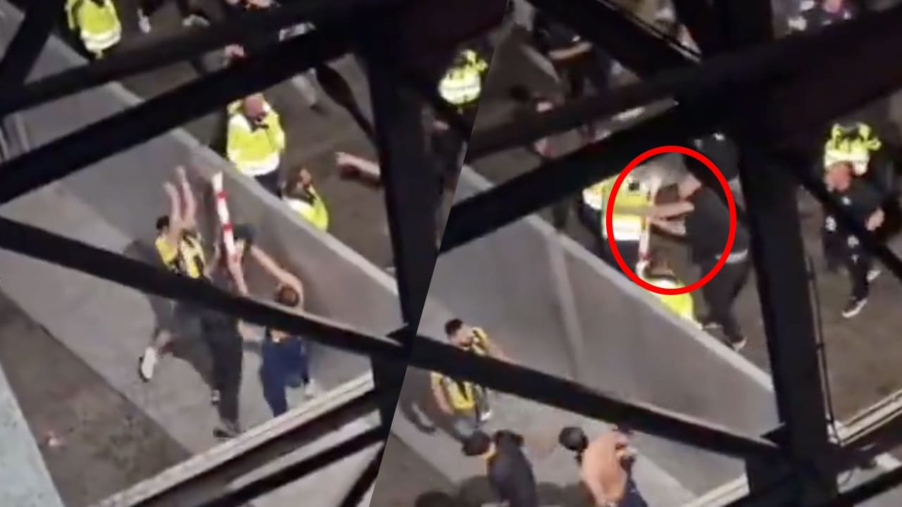 Video: politie arresteert Fenerbahçe-fan die paal op hoofd van Feyenoord-supporter in De Kuip gooide