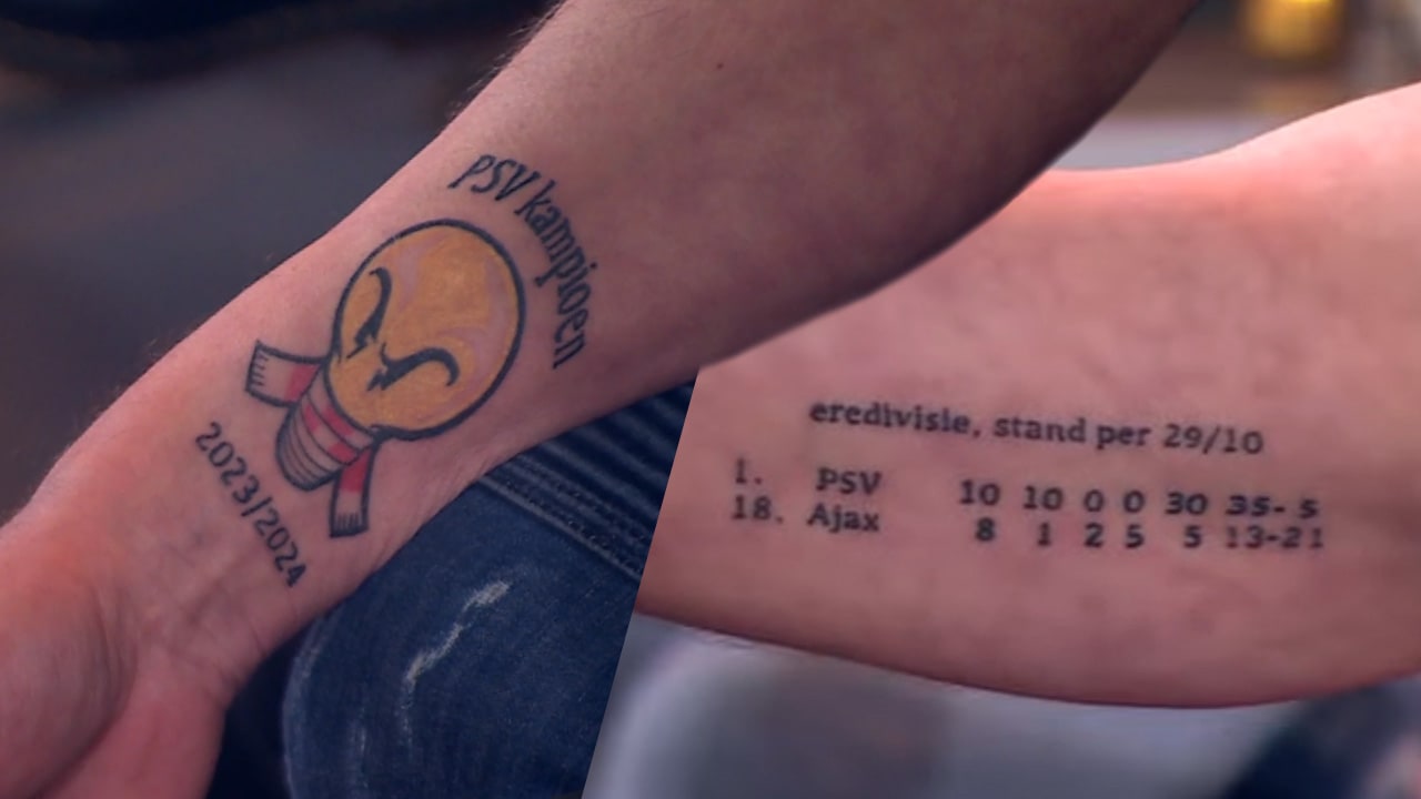 PSV-fan Rick toont twee tatoeages bij Studio Voetbal: 'Ik heb het nog netjes gehouden'