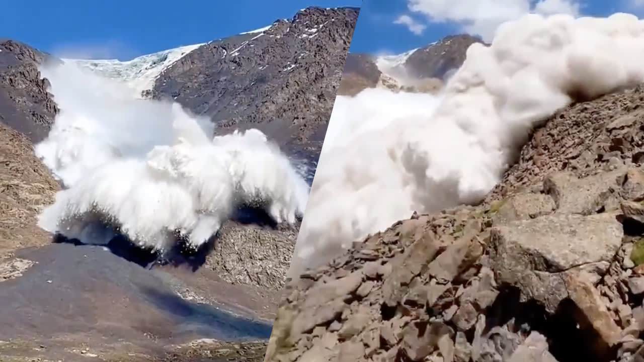Absurde beelden: man filmt aanstormende afgebroken gletsjer in Kirgizië