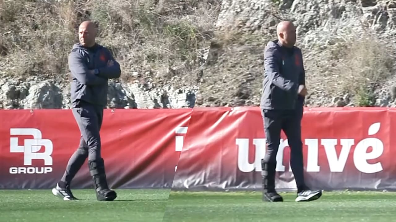 Video: Arne Slot leidt Feyenoord-training met brace om voet