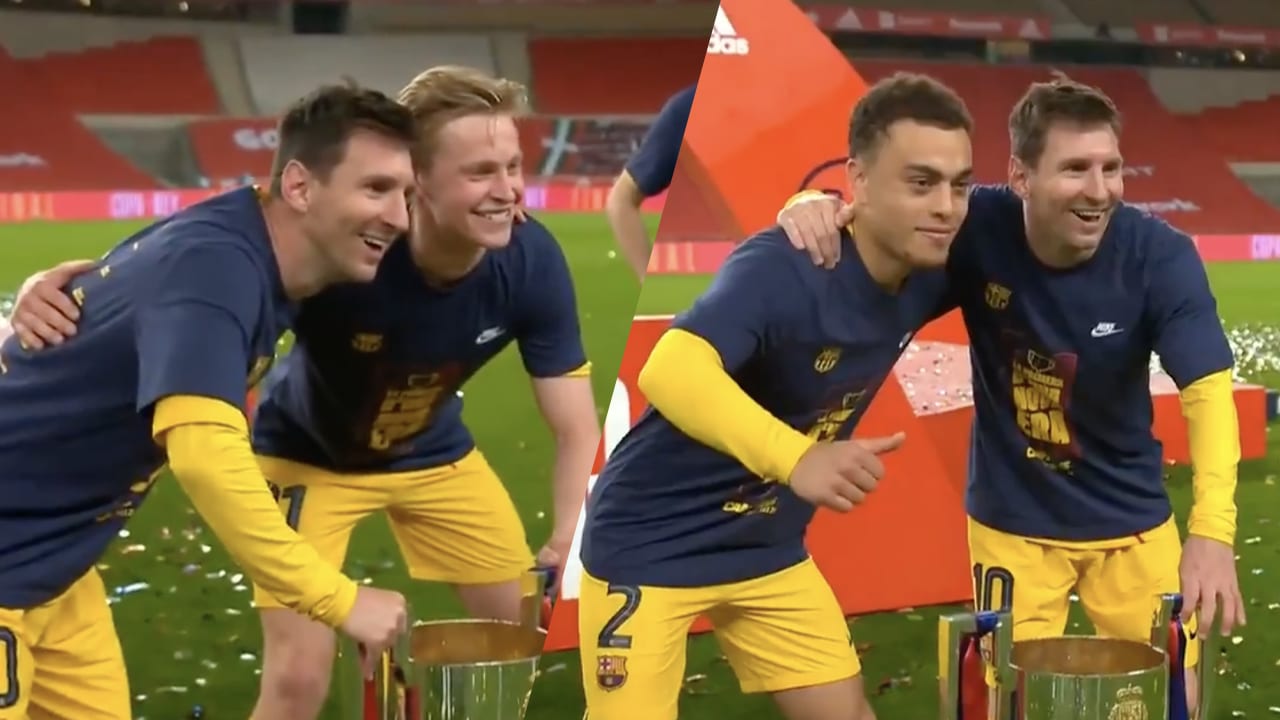 Barcelona-spelers in de rij voor foto met Messi na Copa del Rey-finale