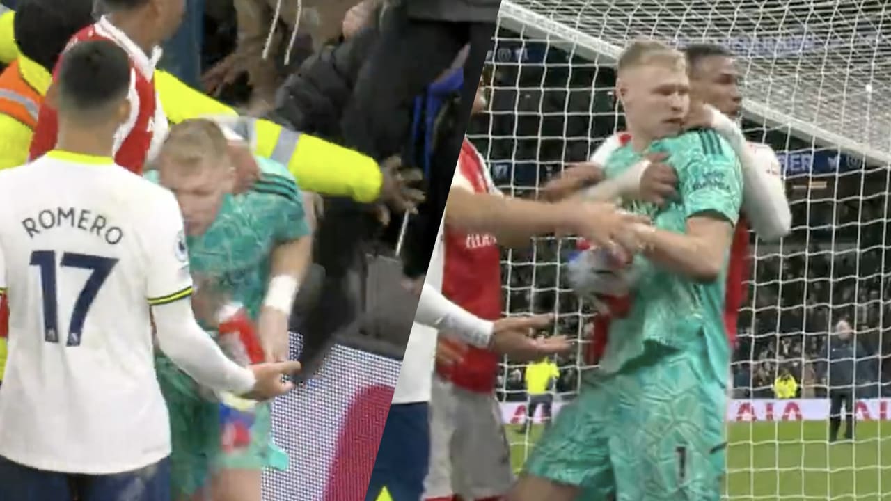 Video: Tottenham-hooligan geeft Arsenal-doelman Ramsdale een trap na