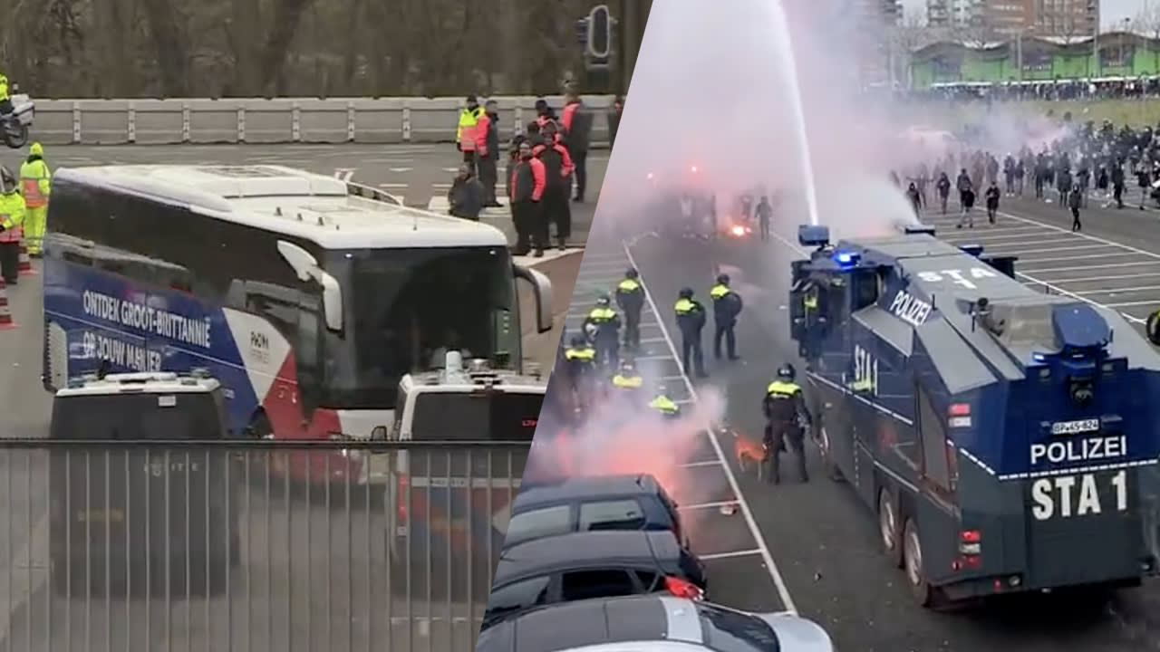 Video: ME zet waterkanon in bij De Kuip na aankomst anonieme Ajax-bus