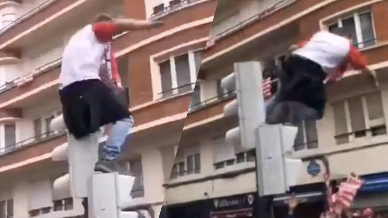 VIDEO: Athletic Bilbao-fan breekt rib na keiharde val van stoplicht