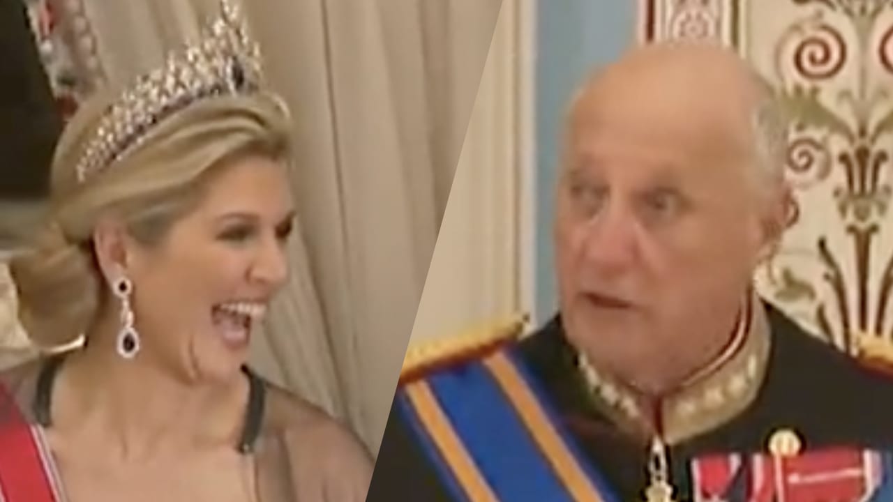 Noorse Koning maakt Máxima aan het lachen met grap over Haaland