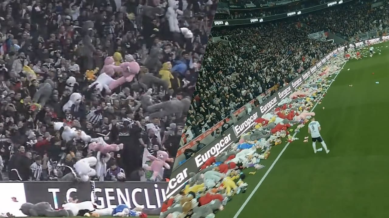 Kippenvel: Besiktas-fans eren omgekomen kinderen tijdens aardbevingen met knuffelregen