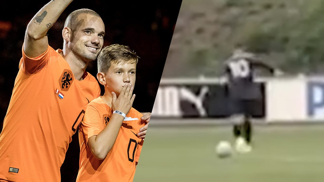 ZIEN: Zoon Sneijder (15) schiet vrije trap op identieke wijze raak