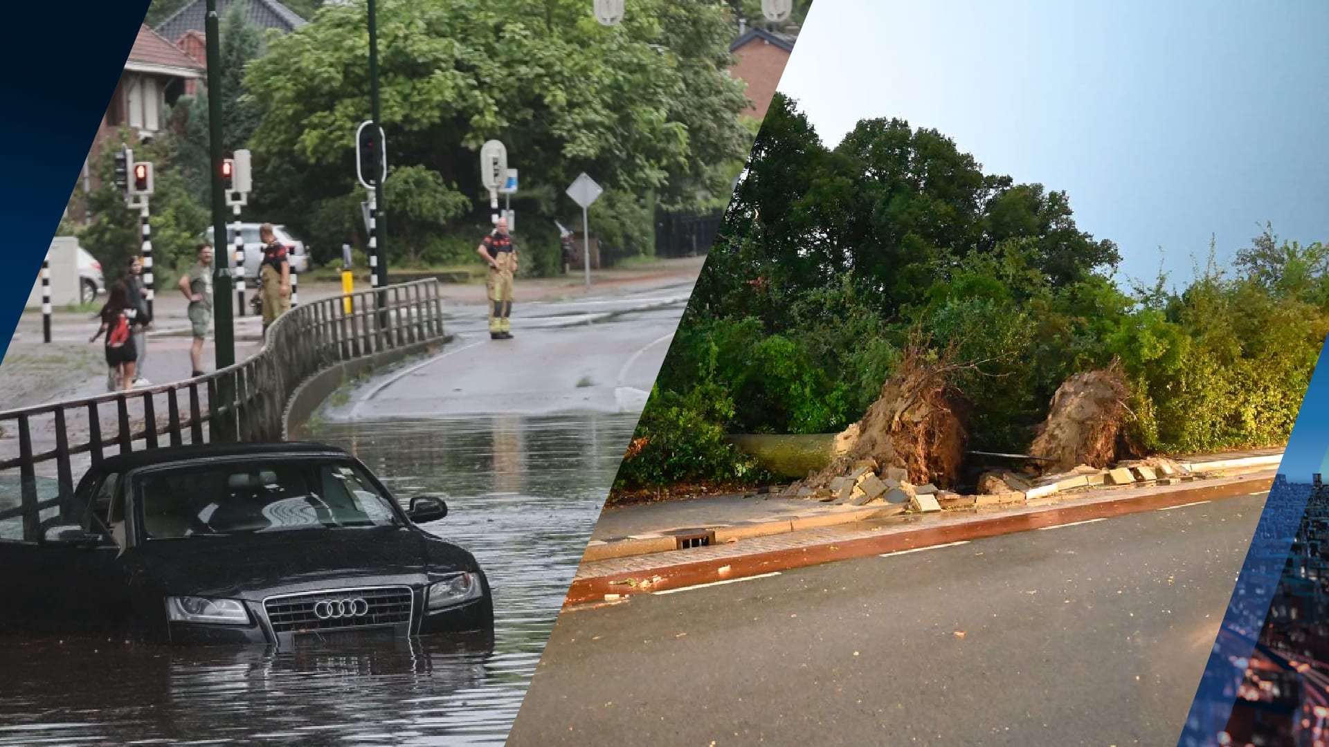 Wateroverlast in beeld: omgewaaide bomen, tunnels vol water en vastgelopen auto's