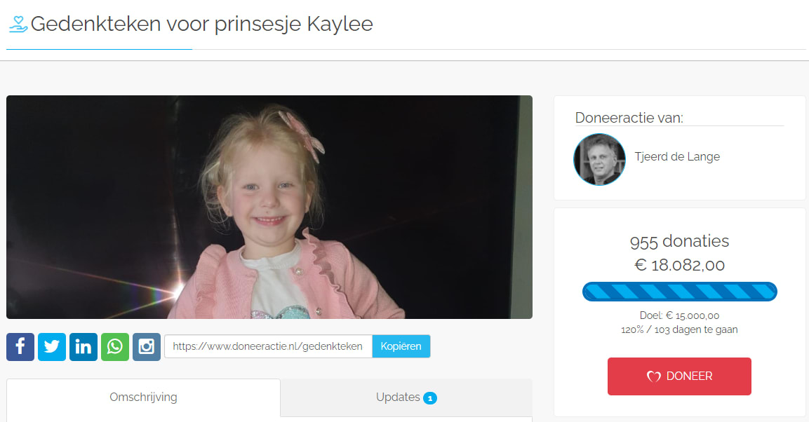 Bijna 22.000 euro opgehaald voor gedenkteken plots overleden 5-jarige Kaylee