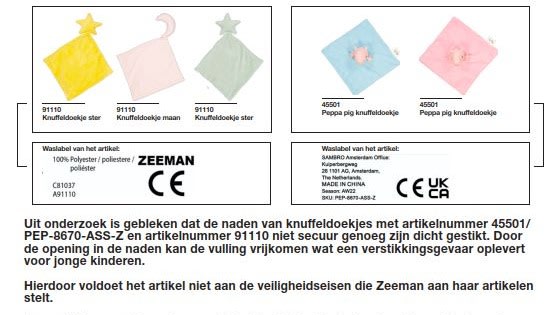 Zeeman roept knuffeldoekjes terug om verstikkingsgevaar