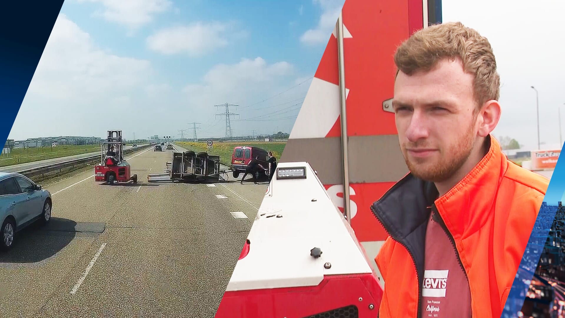 Heftruckheld Danny zet gekantelde aanhanger overeind op A15