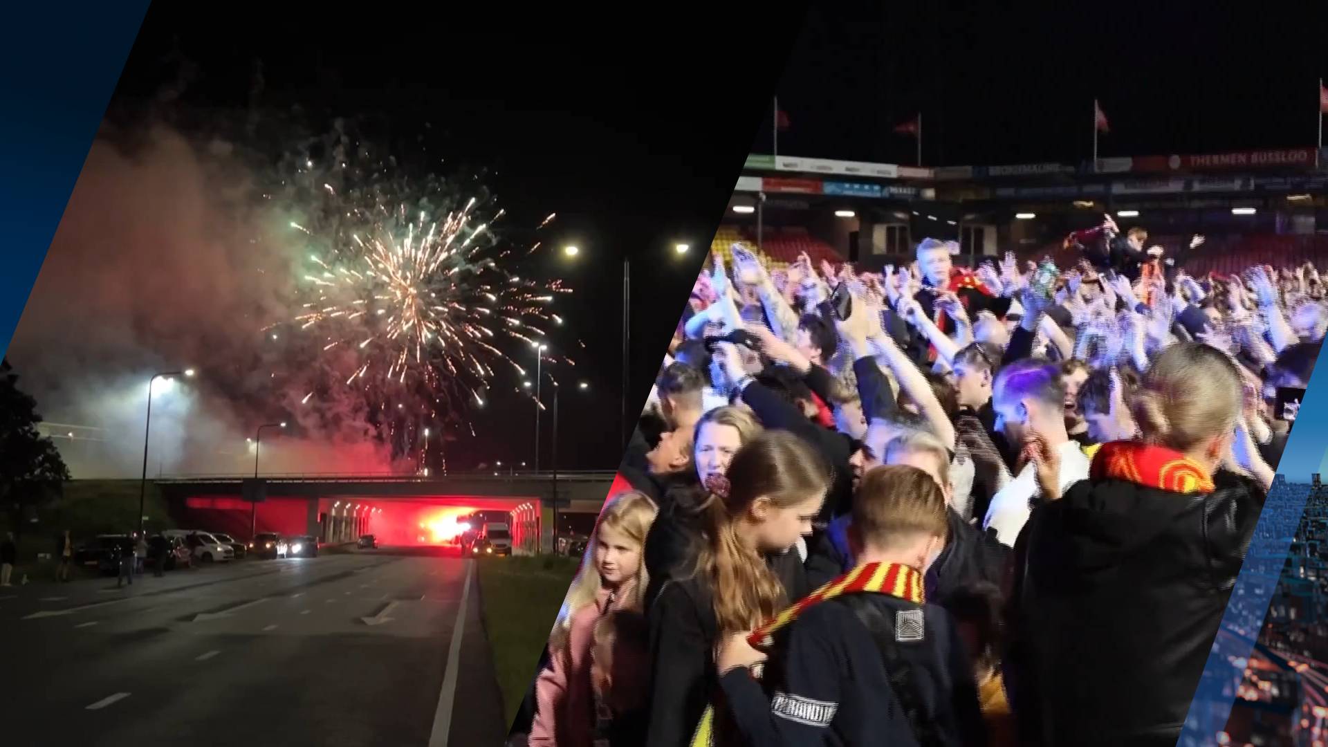 Uitzinnige Go Ahead-fans wachten spelersbus op, enorm feest in stadion