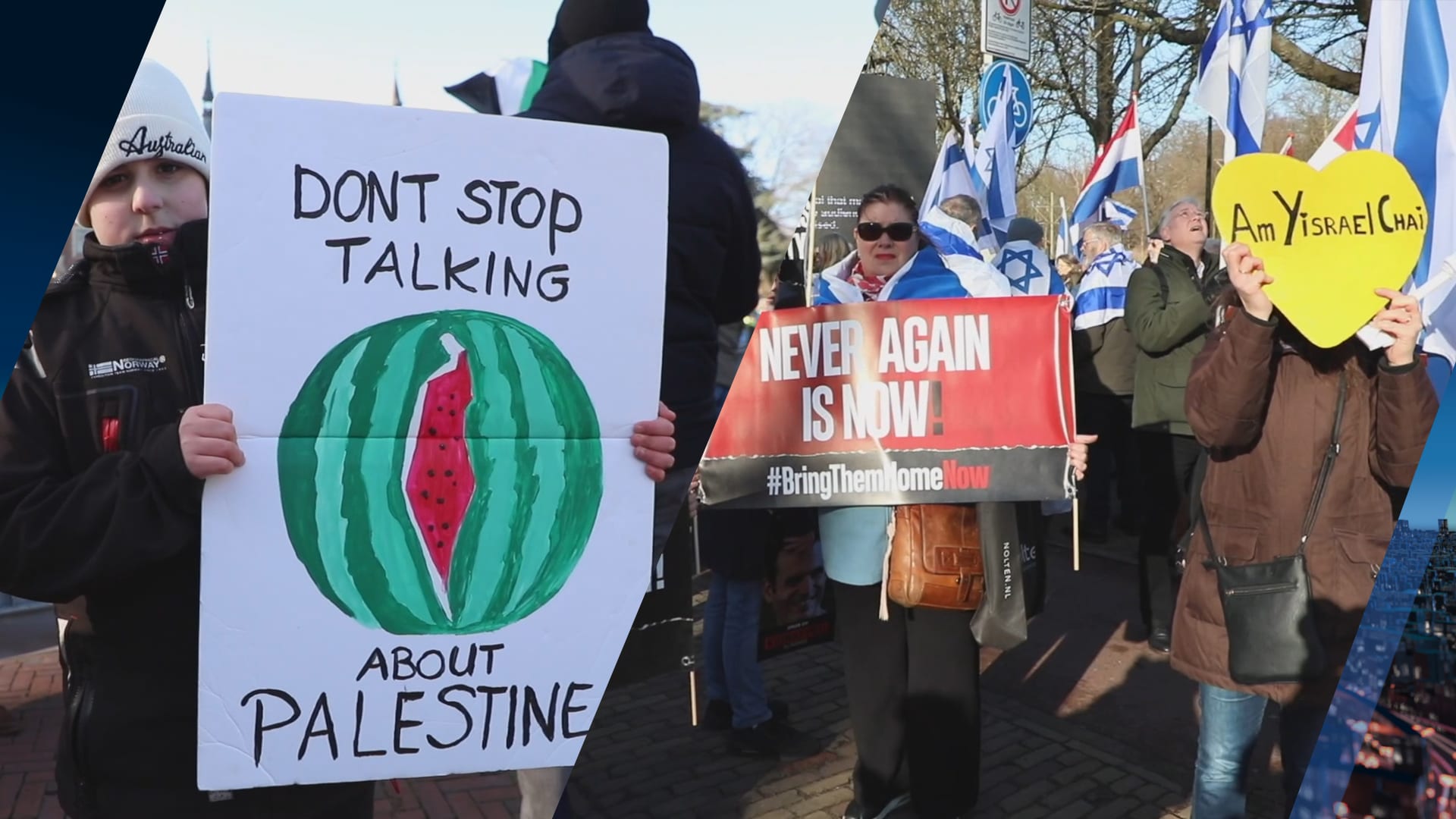 Pro-Palestina en Pro-Israël demonstranten tegenover elkaar bij Internationaal Gerechtshof
