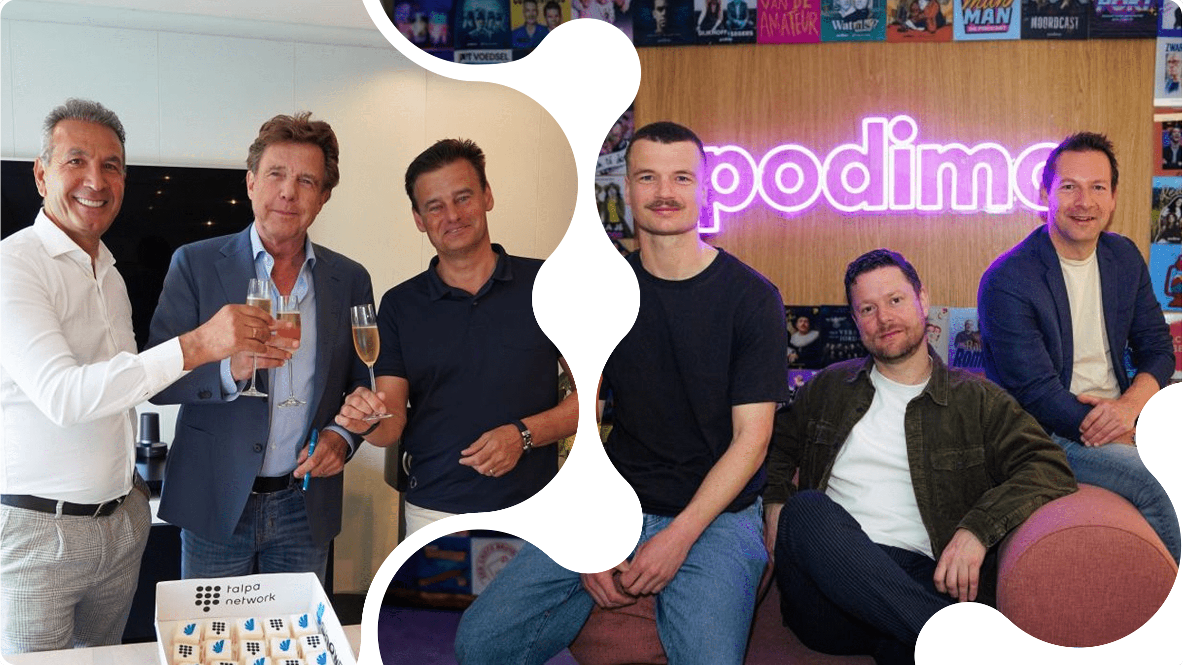 vlnr: Hassan Tagi, John de Mol, Wilfred Genee (Showbird samenwerking), Titus van Dijk, Algemeen Directeur Tonny Media, Anko Steenbeek, Sales Director Dag & Nacht Media en Joris van der Pol, Algemeen Directeur OMS - onderdeel van Talpa Media.