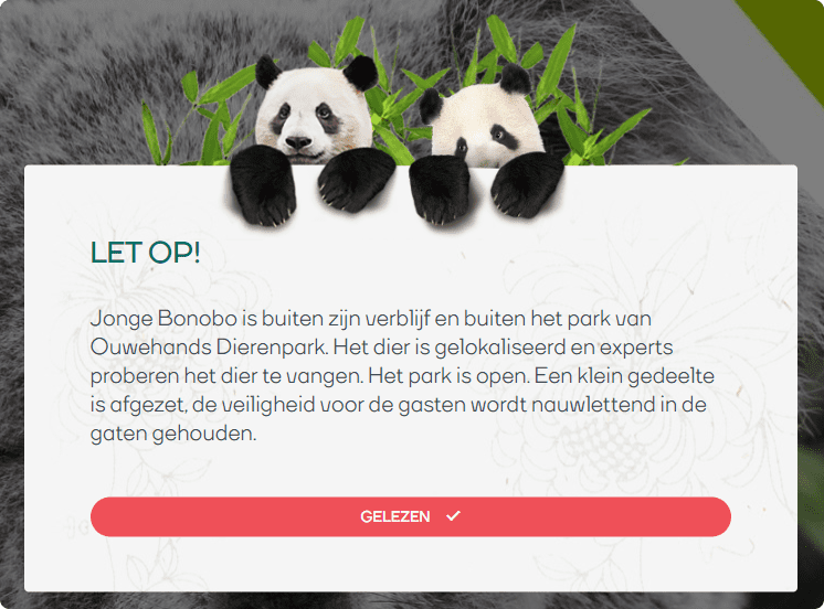 Ouwehands Dierenpark heeft een waarschuwing van de ontsnapte aap geplaatst op de website. 