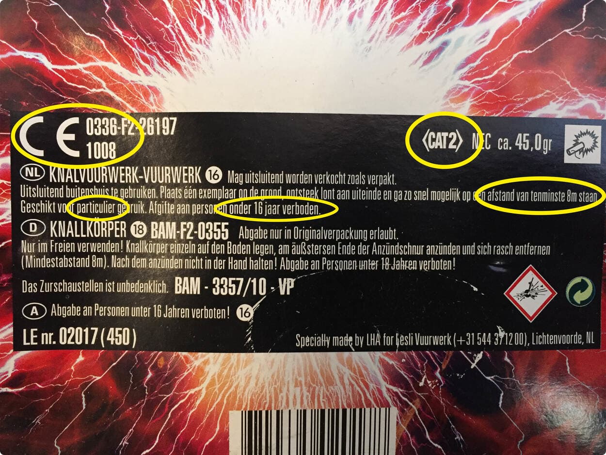 Een etiket van legaal vuurwerk. Bron: Rijksoverheid