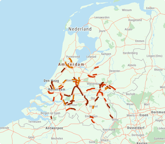 De actuele files op vrijdagavond 16.30 uur. Bron: ANWB.