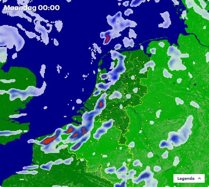 Het weer tijdens de jaarwisseling, beeld: Buienradar