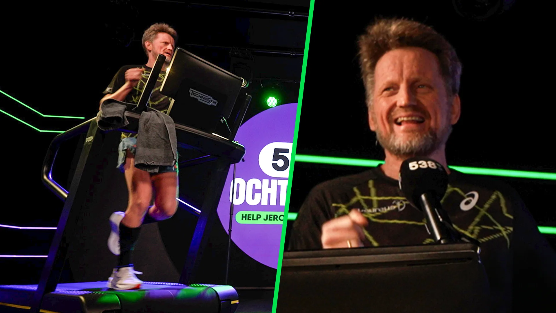 Prins Pieter-Christiaan loopt naast sponsorloper Jeroen op de loopband