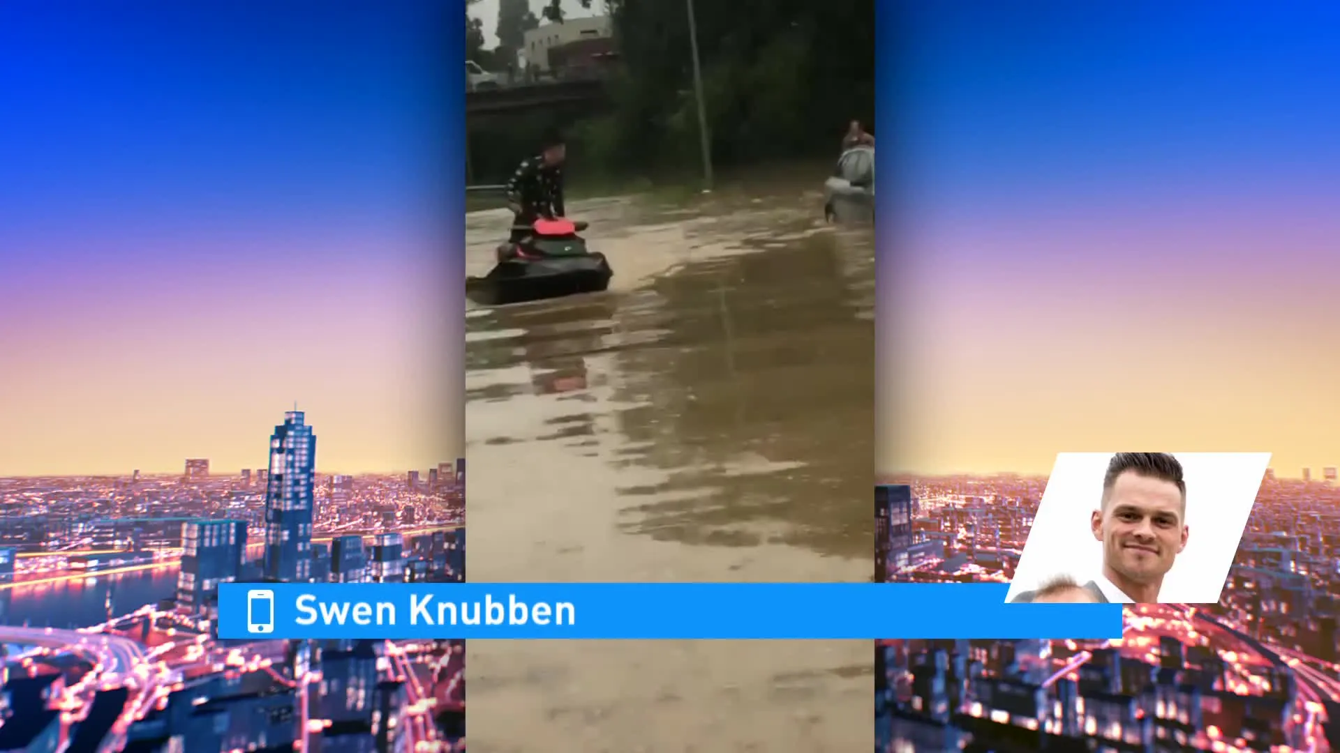Swen en La Toya maken van nood een deugd en scheuren met jetski over ondergelopen weg