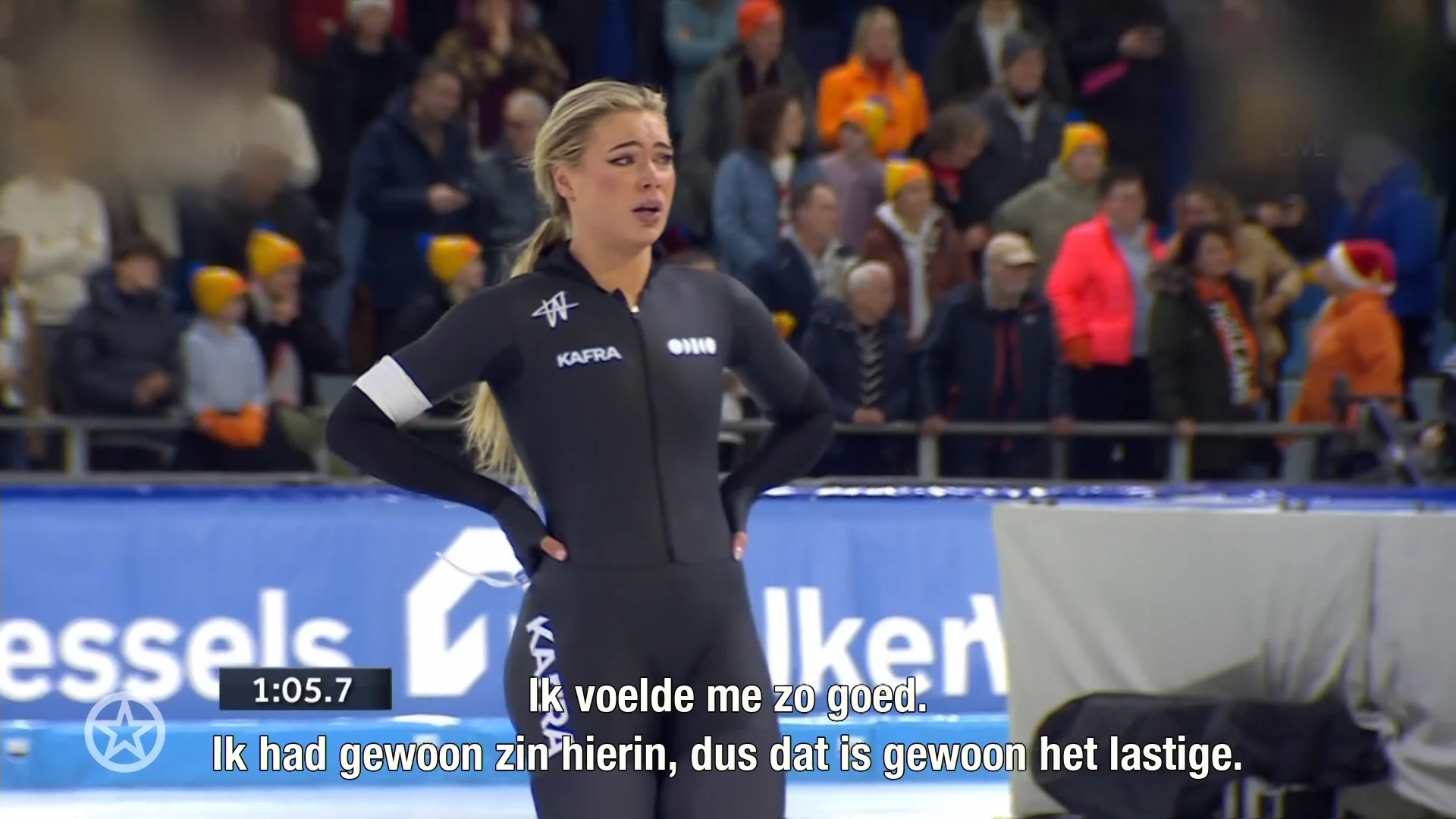 Emotionele Jutta Leerdam beduusd na pijnlijke val op het ijs