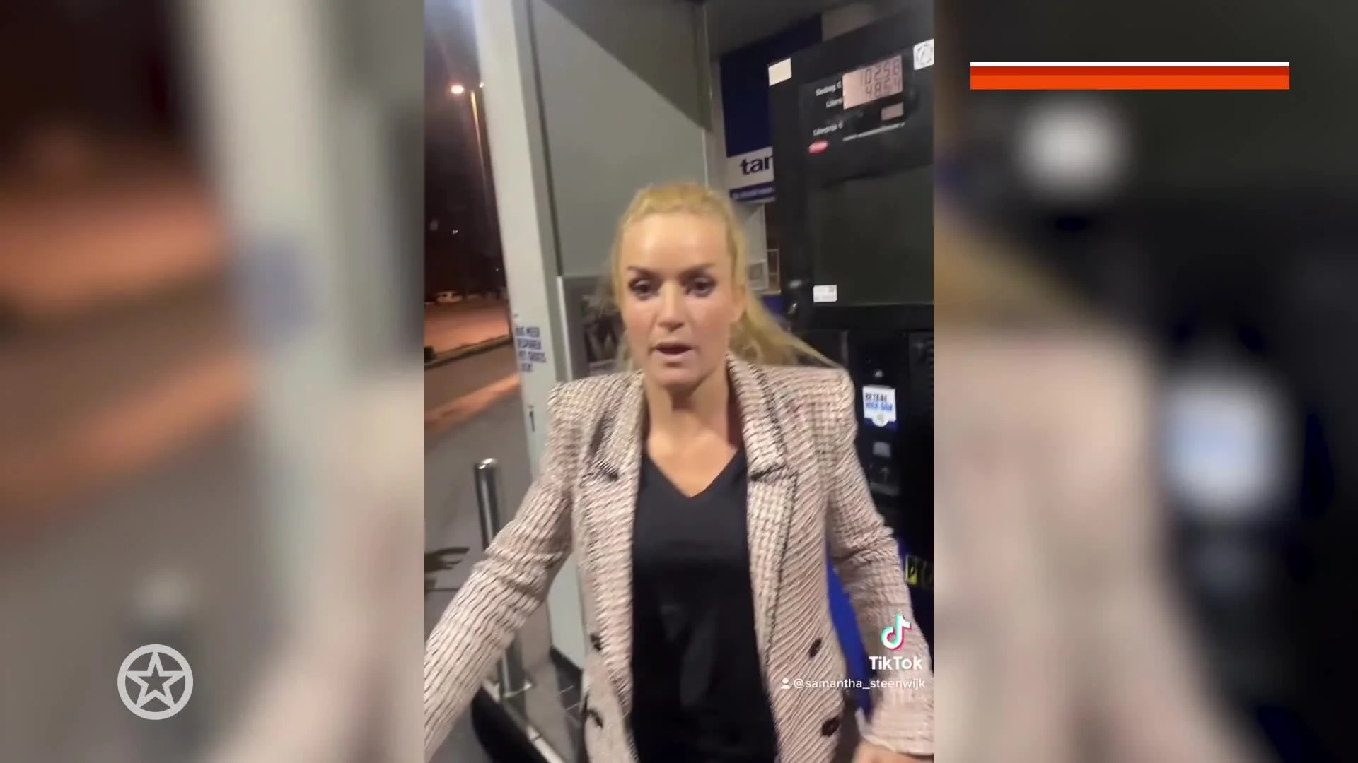 Samantha Steenwijk verbolgen bij benzinepomp