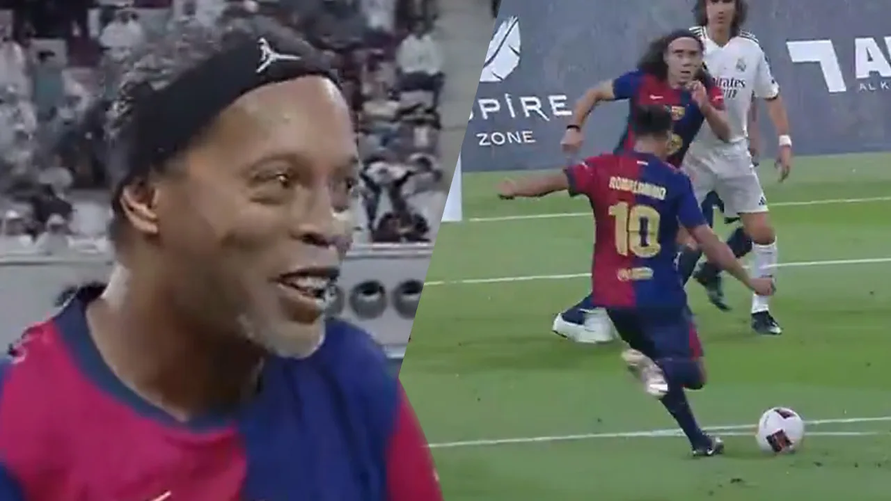 Videogoal: Ronaldinho (44) scoort vrije trap op schitterende wijze tijdens 'El Clásico Legends'