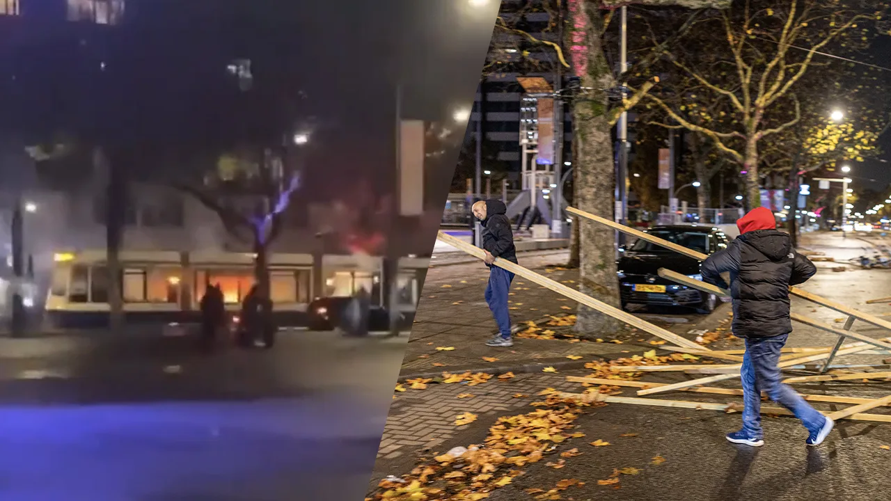 ME ingezet op Plein 40-45 in Amsterdam: tram in brand en grote groep gooit met vuurwerk