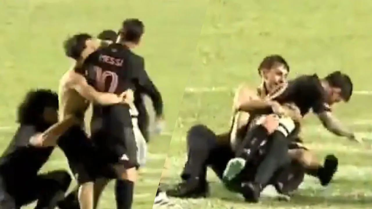 Veldbestormer zorgt ervoor dat Lionel Messi volledig onderuit gehaald wordt