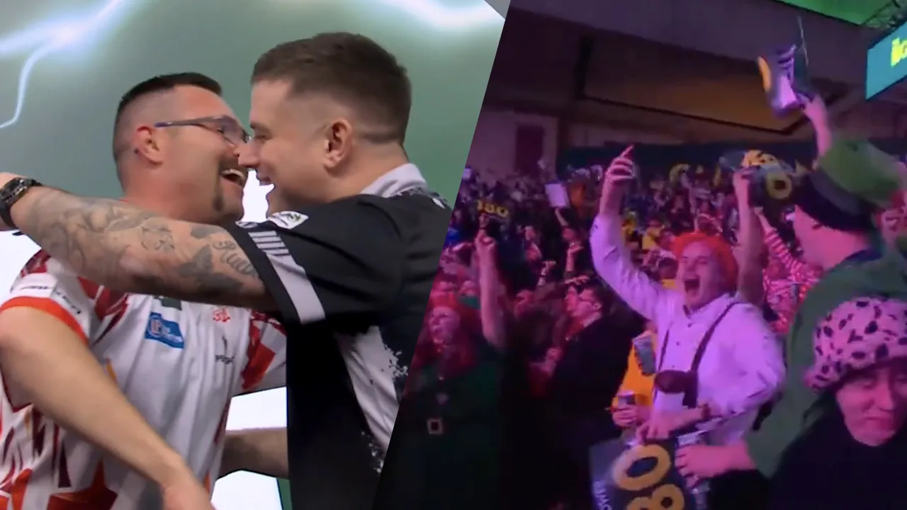 Héérlijke beelden van WK Darts: twee spelers vieren negendarter met publiek in Ally Pally