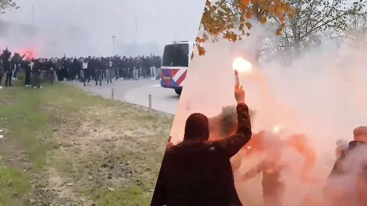 VIDEO: Feyenoord-fans verzamelen zich met fakkels bij laatste training voor De Klassieker 