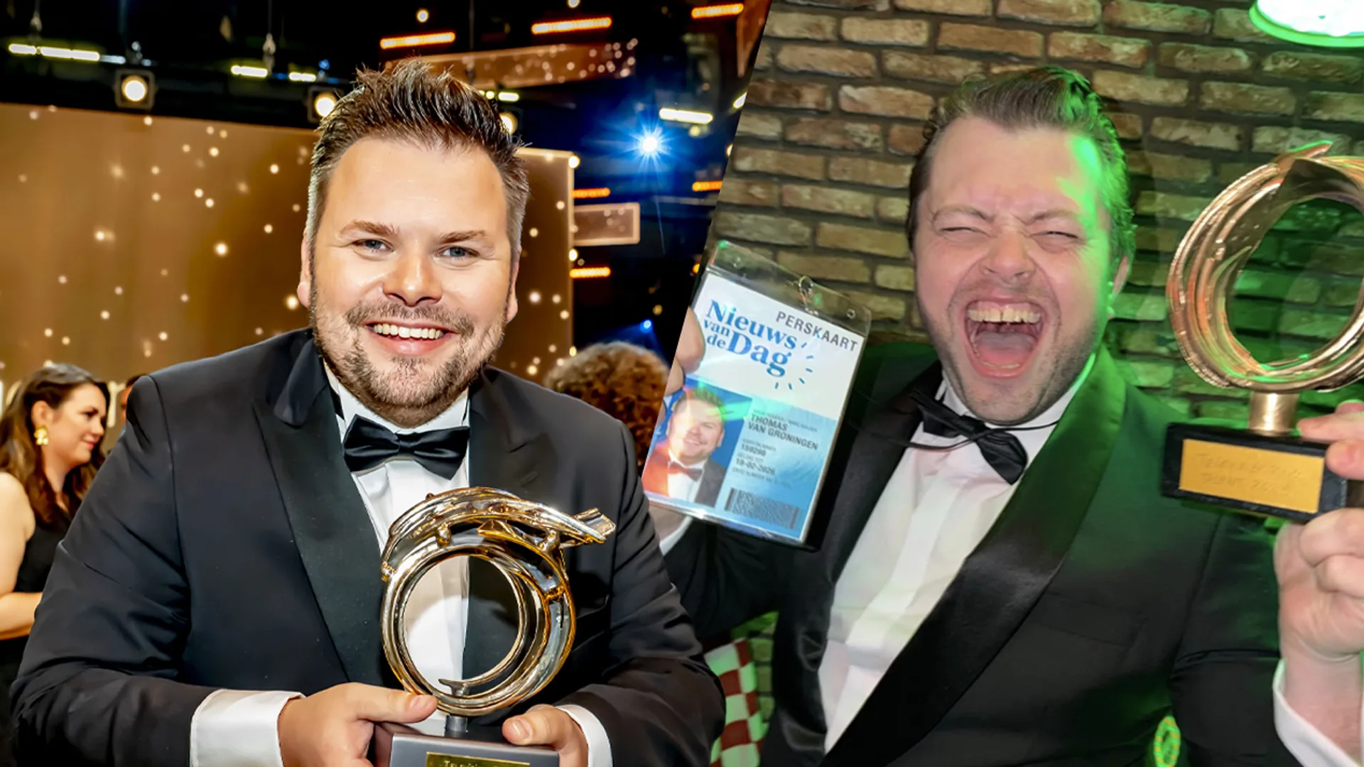 Presentator en radio-dj Rob Janssen verkleed als Thomas van Groningen tijdens carnaval