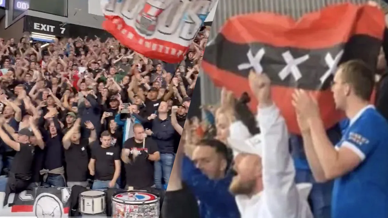 Rangers-fans dagen PSV'ers op Ibrox uit met vlaggen van Ajax en Amsterdam