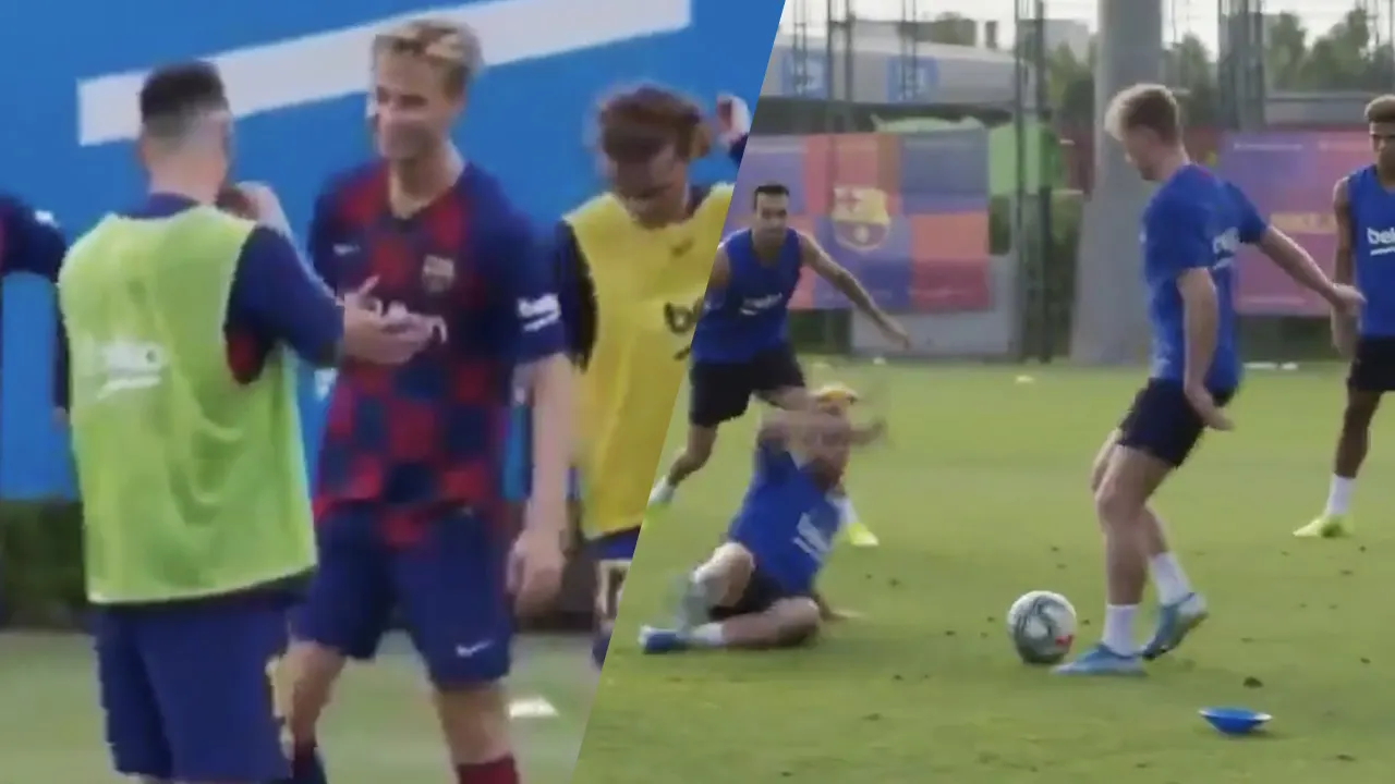 Frenkie de Jong stuurt Arthur het bos in en lacht met Messi