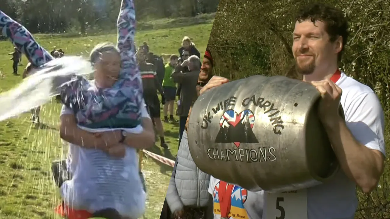 VIDEO: Britten dragen vrouwen over parcours van 380 meter om vat bier te winnen