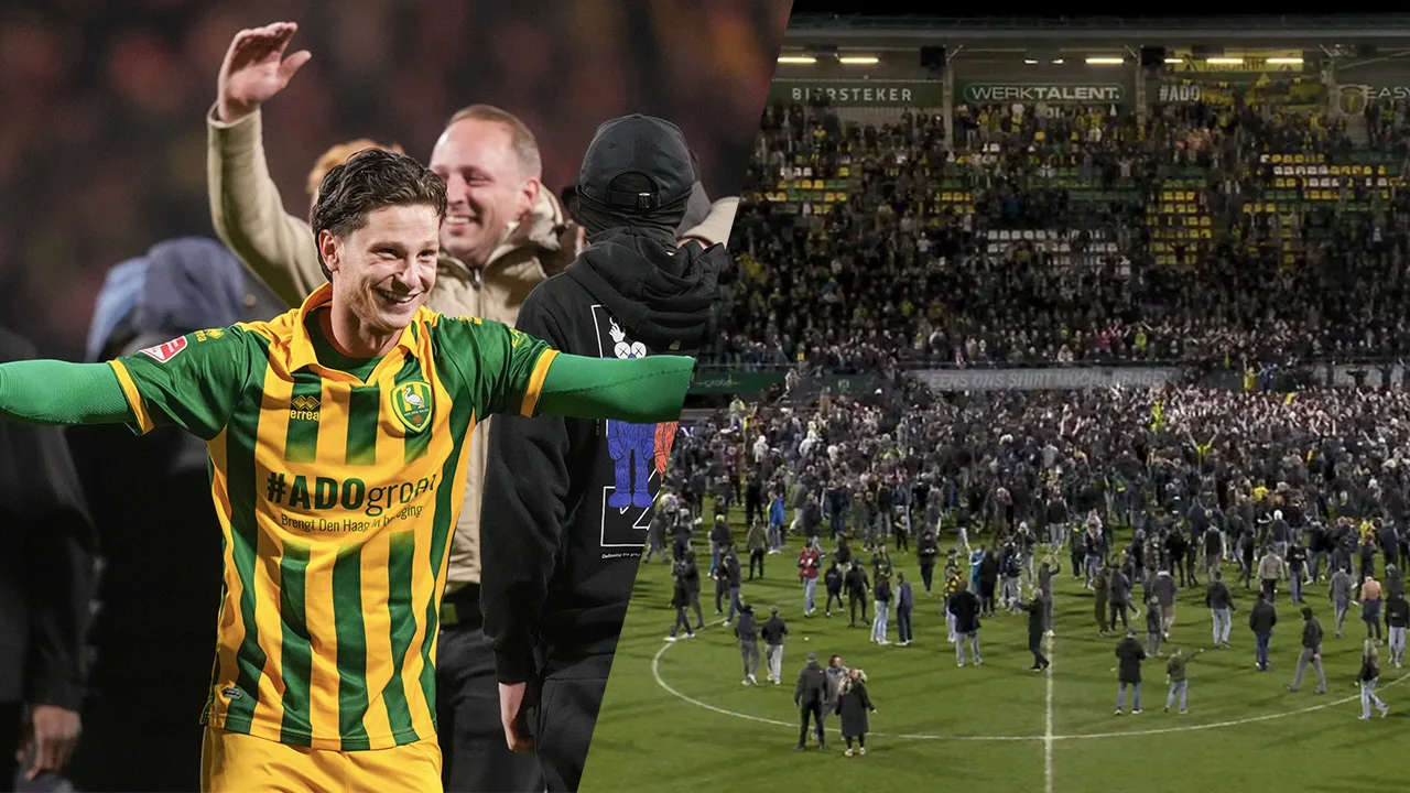 Video: ADO Den Haag-fans negeren oproep na promotie en stromen massaal veld op