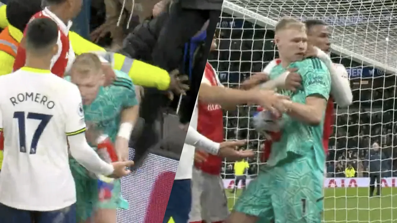 Video: Tottenham-hooligan geeft Arsenal-doelman Ramsdale een trap na