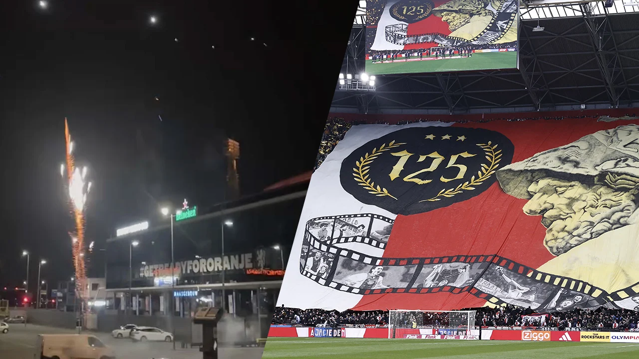 Video: Ajax-fans vieren 125ste verjaardag ook bij De Kuip en Philips Stadion met vuurwerk
