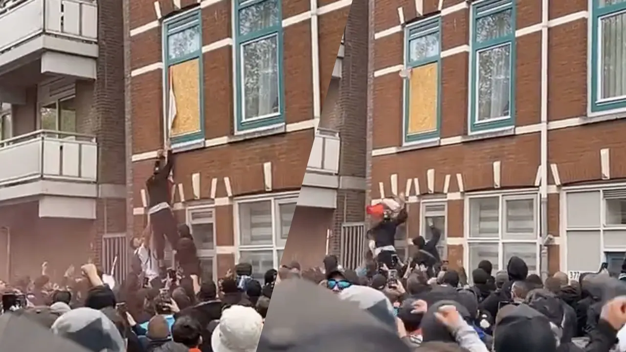 VIDEO: Marseille-supporter steelt Feyenoord-vlag in Rotterdam