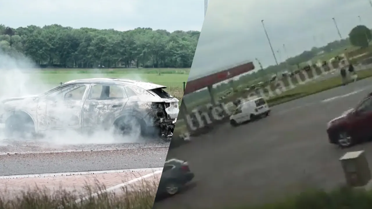 Video: Ajax-hooligans vallen Feyenoord-fans aan bij tankstation langs A28, auto in brand gestoken
