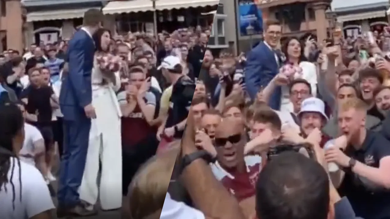 West Ham United-fans massaal op foto met net getrouwd stel in Frankfurt