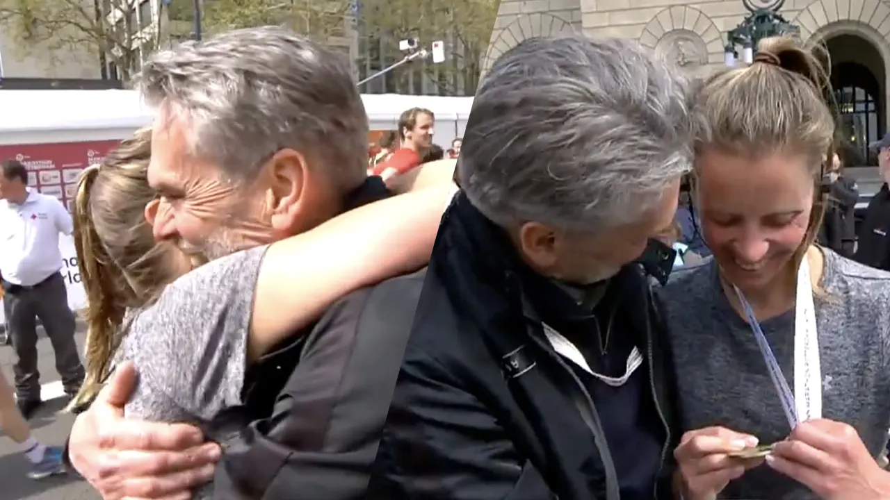 Trotse Dick Schoof vangt vriendin op bij finish van Marathon Rotterdam: 'Een kanjer ben je!'