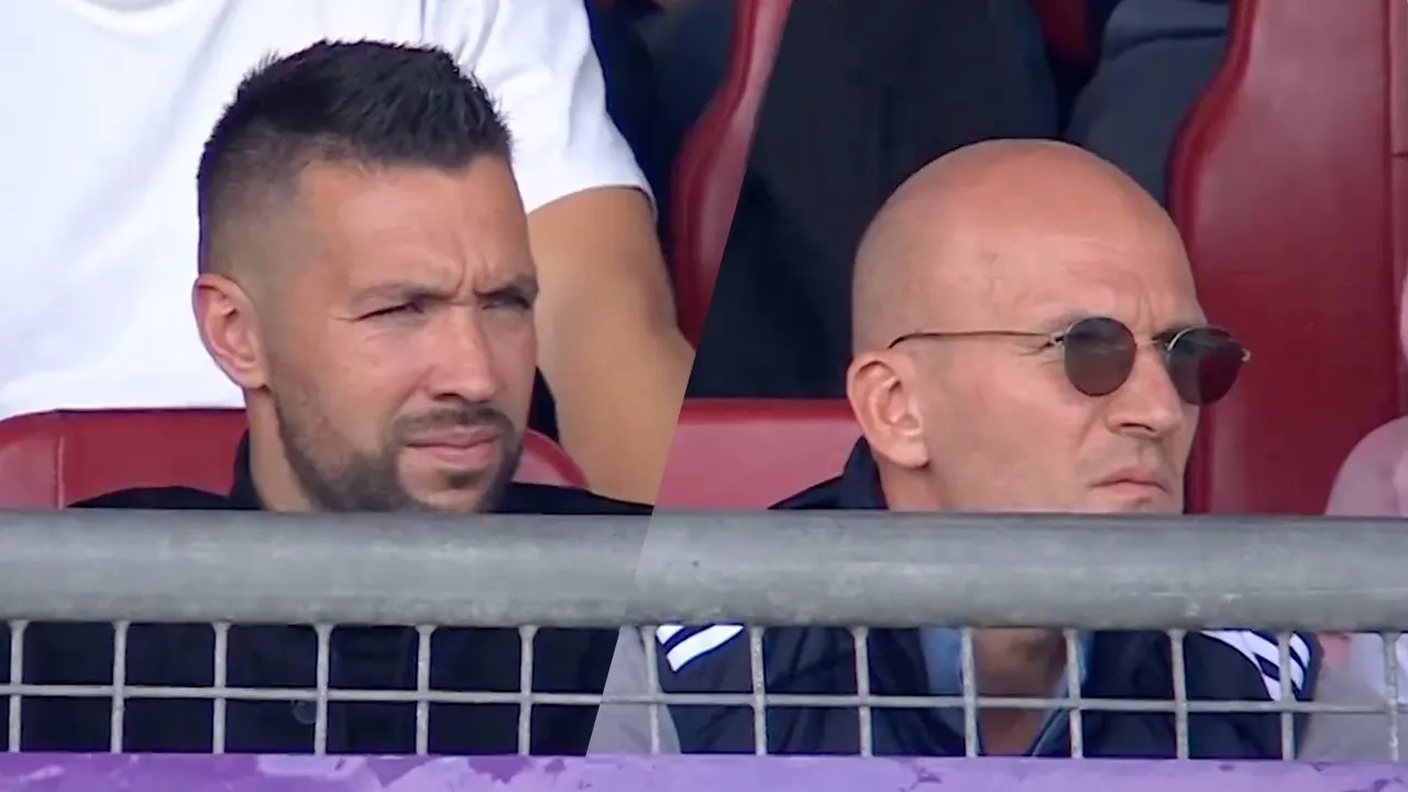 Gespot: Francesco Farioli en Alex Kroes op de tribune bij Sparta - Feyenoord