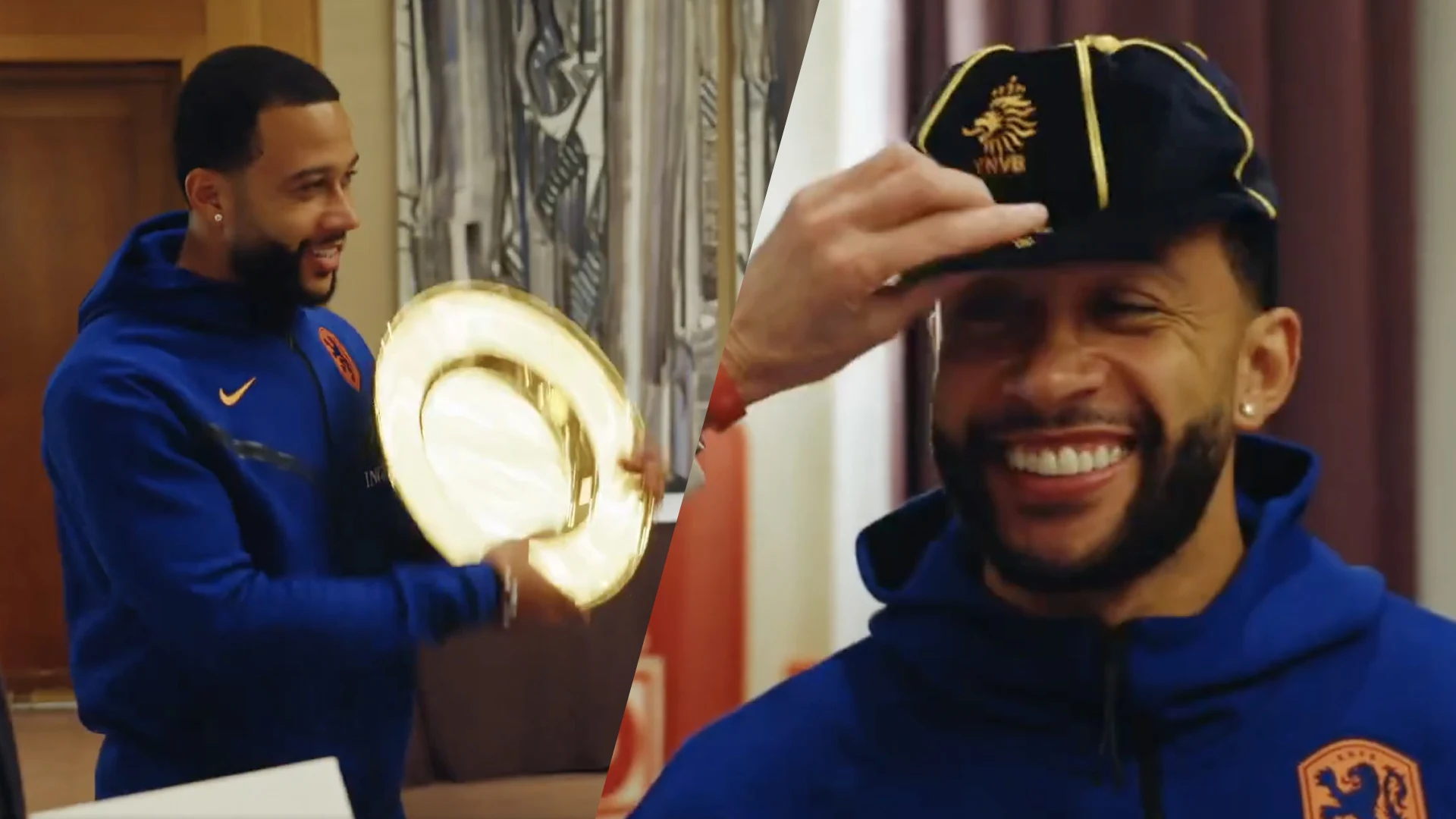 Video: Memphis krijgt cadeaus na 100e interland en spreekt Oranje-selectie toe