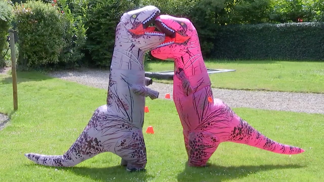 Bijzondere kennismaking: Lang Leve de Liefde-deelnemers ontmoeten elkaar in opblaasbare dinopakken