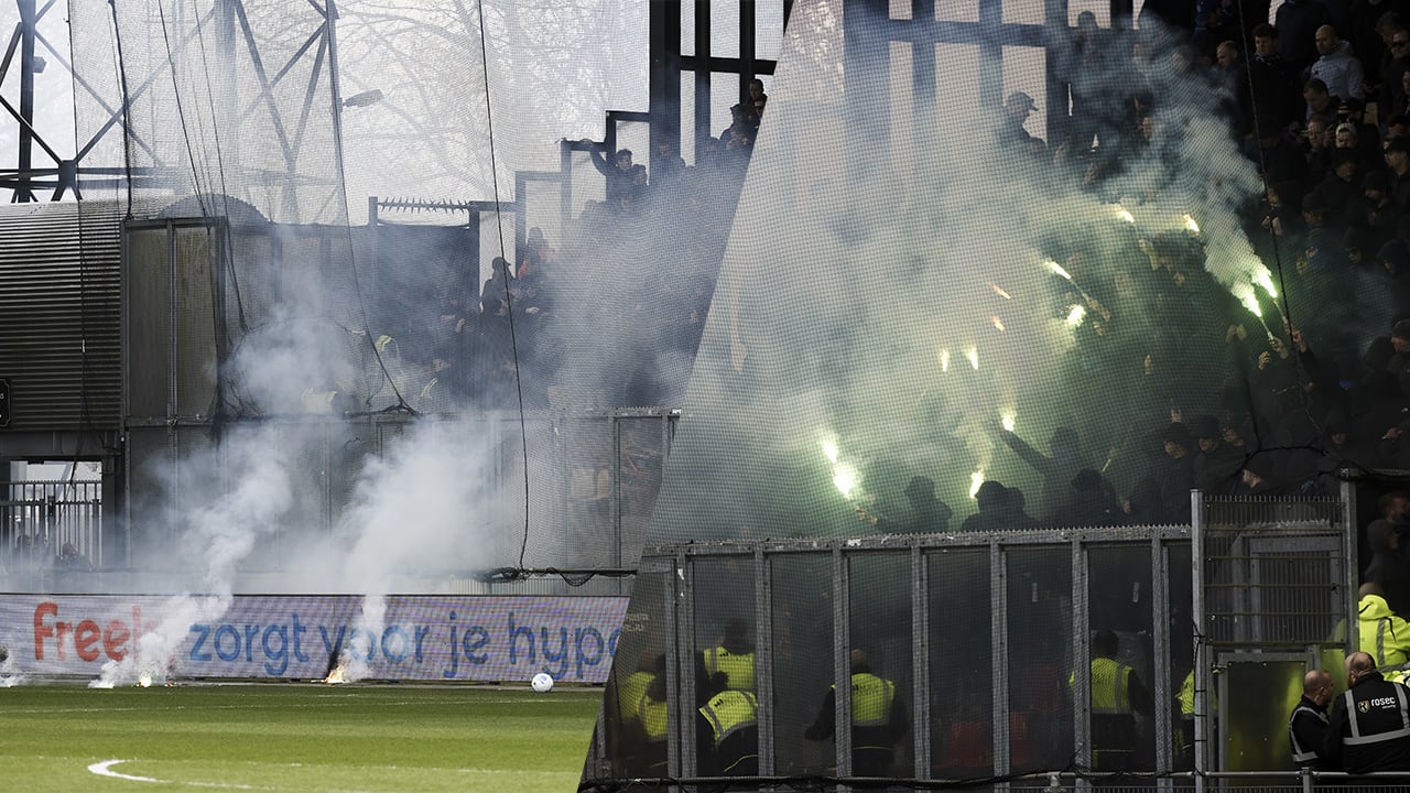 Video: IJsselderby Go Ahead Eagles - PEC Zwolle escaleert: supporters gooien fakkels op het veld