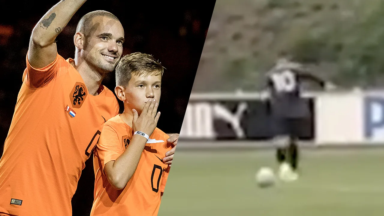 ZIEN: Zoon Sneijder (15) schiet vrije trap op identieke wijze raak
