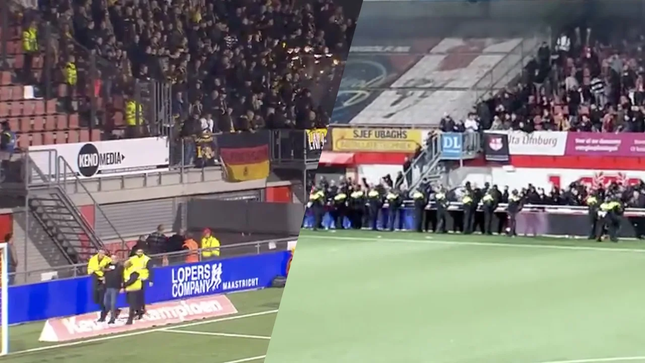 VIDEO: MVV - Roda JC gestaakt na vuurwerk op veld en ingrijpen ME