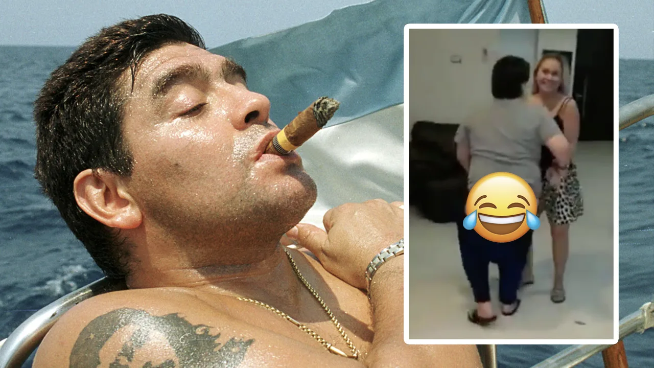 Maradona laat broek zakken tijdens dansje met blondine