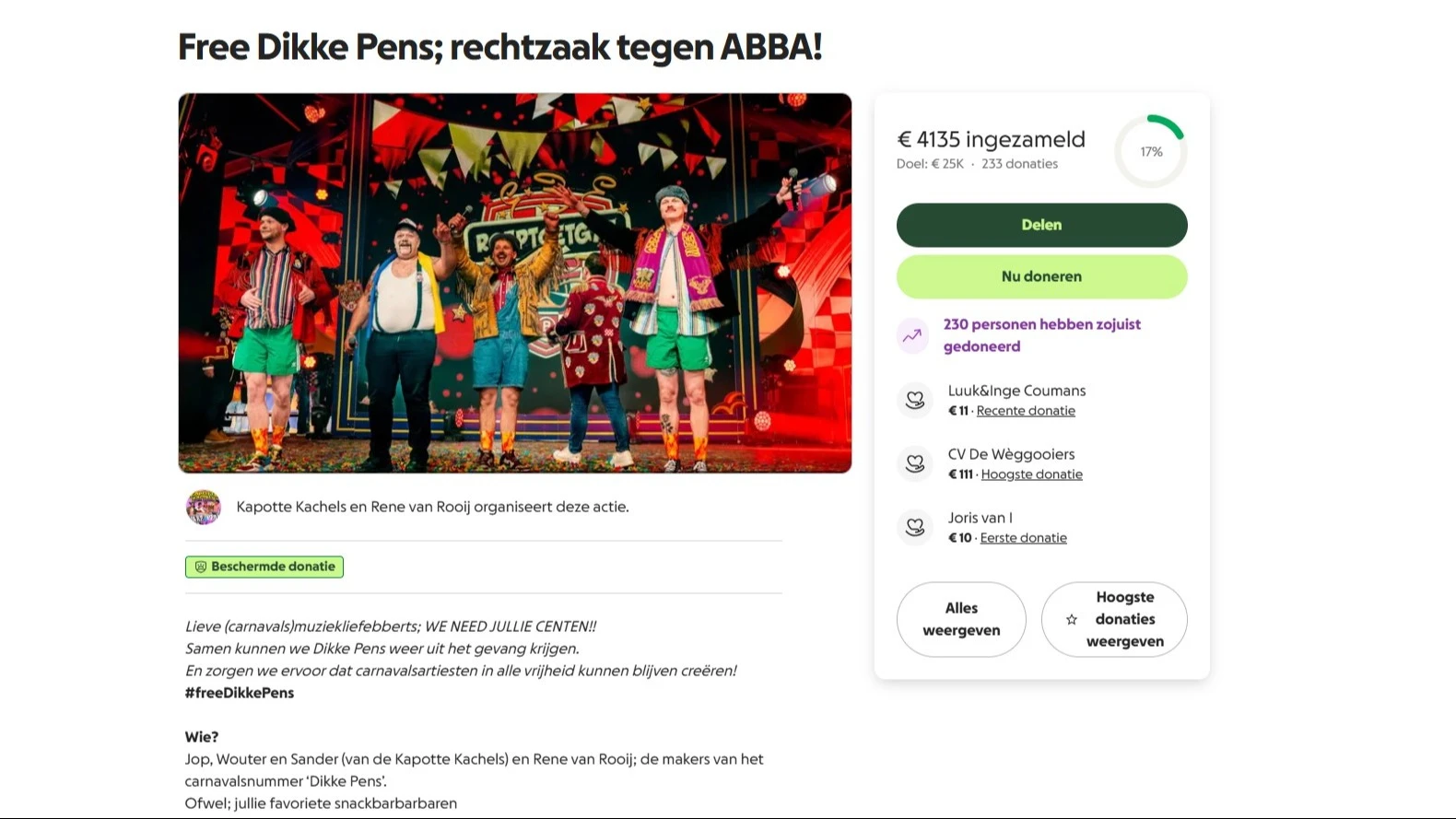 Carnavalsartiesten willen 'Dikke pens' terug online en zamelen geld in voor juridisch gevecht met ABBA 